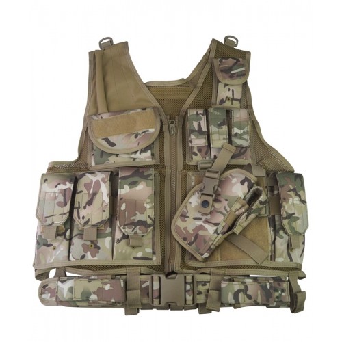 Cross-Draw Tactical Vest (w/Belt) (ATP/Multicam), This tactical vest from Kombat UK is based upon the Blackhawk Omega tactical vest; it features a zipper up the centre-line of the vest, ensuring it is quick & easy to get on/off, whilst having a variet